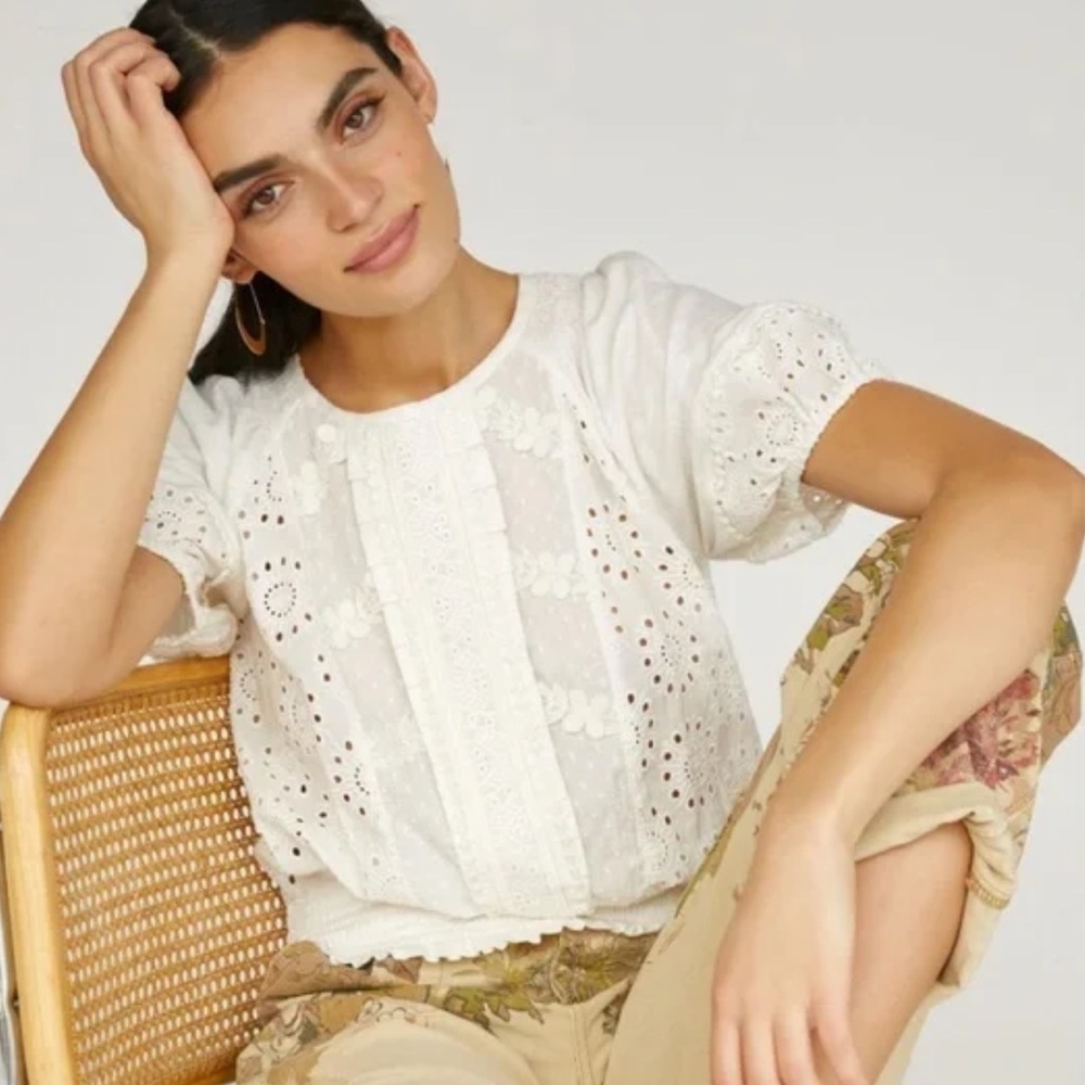 Anthropologie Porridge Freya Lace Cotton Appliqué Top Ivory Size XS